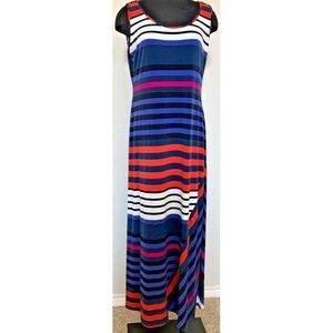 CALVIN KLEIN Maxi Asymmetrical Dress Blue Orange White Striped Leisure Cruise 14